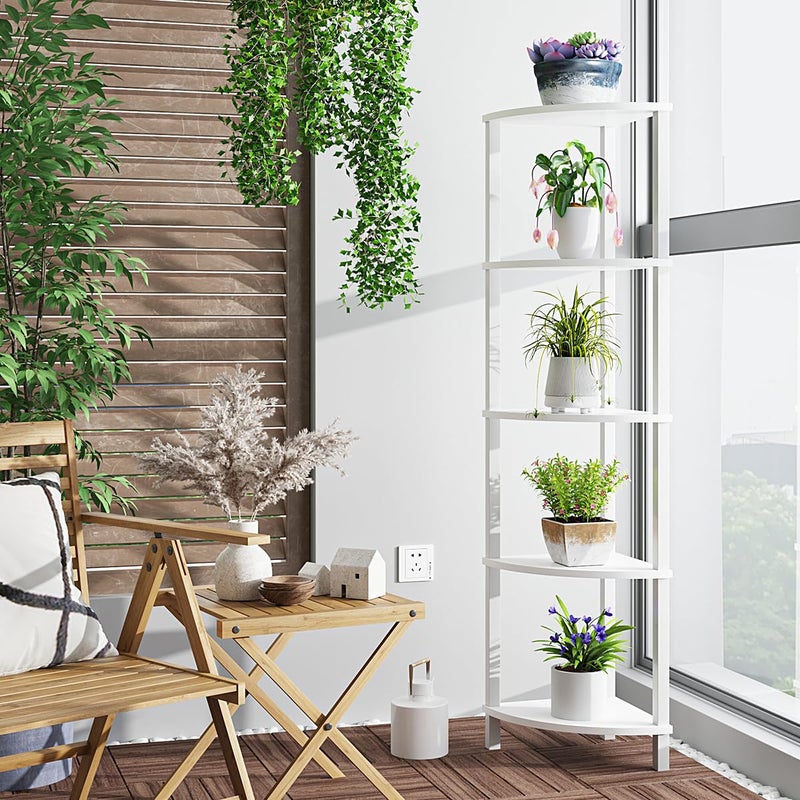 VIMBER Corner Shelf, 5-Tier Corner Bookshelf, Industrial Corner Ladder Shelf, Modern Display Shelf for Living Room, Bedroom, Kitchen, Home Office, White UJSJ001W - Image 4