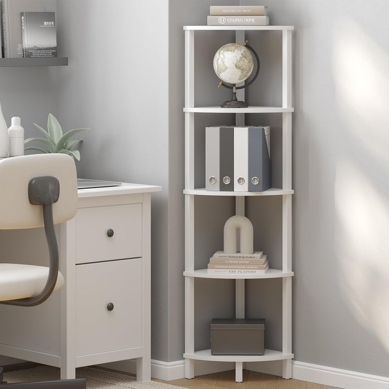VIMBER Corner Shelf, 5-Tier Corner Bookshelf, Industrial Corner Ladder Shelf, Modern Display Shelf for Living Room, Bedroom, Kitchen, Home Office, White UJSJ001W - Image 1