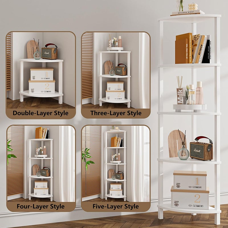 VIMBER Corner Shelf, 5-Tier Corner Bookshelf, Industrial Corner Ladder Shelf, Modern Display Shelf for Living Room, Bedroom, Kitchen, Home Office, White UJSJ001W - Image 3