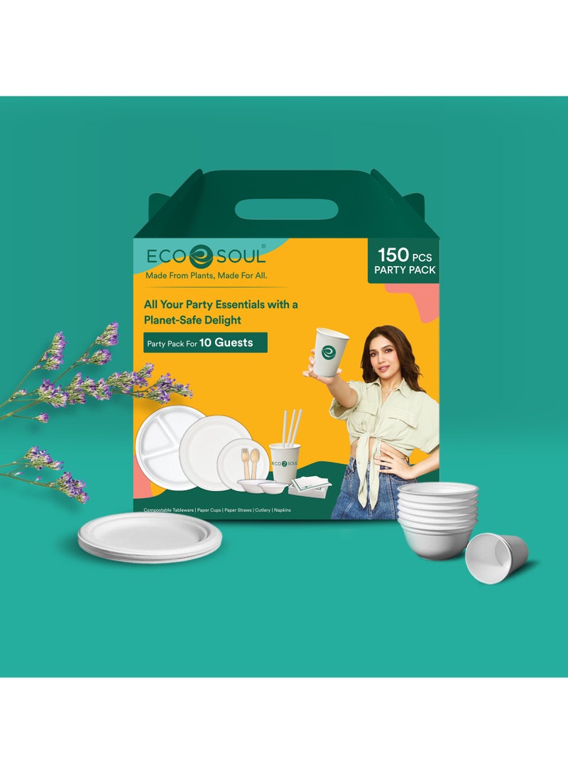 ECO SOUL 150 Pc Compostable Sugarcane Bagasse Party Pack Ideal for 10 Guests  Includes Plates, Bowls, Cups, Cutlery & Napkins Eco Friendly Tableware for Events & Parties - Image 1