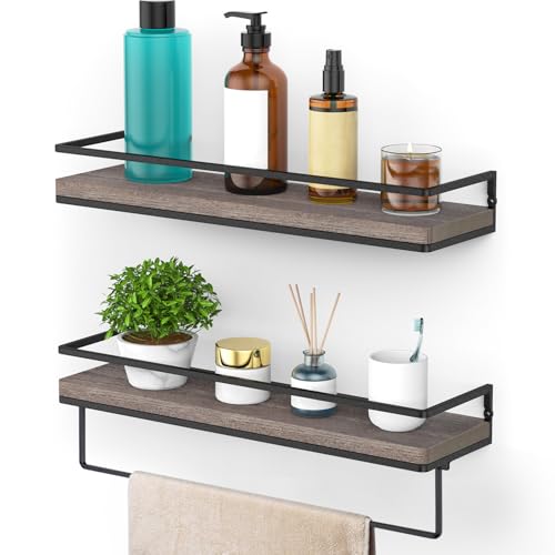Meangood Floating Shelves Wall Mounted, Wall Shelf with Towel Bar Rustic Wood Wall Storage Shelves for Bedroom,Living Room,Bathroom, Kitchen (Set of 2/Brown) - Image 1