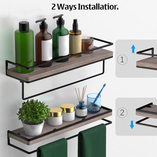 Meangood Floating Shelves Wall Mounted, Wall Shelf with Towel Bar Rustic Wood Wall Storage Shelves for Bedroom,Living Room,Bathroom, Kitchen (Set of 2/Brown) - Image 3