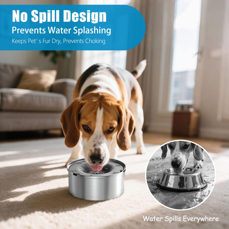 SCHITEC Dog Water Bowl No Spill 1.2L/40oz Slow Drinking Anti-Splash Stainless Steel Dog Bowl with Floating Disk, Spill Proof Pet Travel Water Dispenser for Sloppy Messy Drinkers(Gray) - Image 2