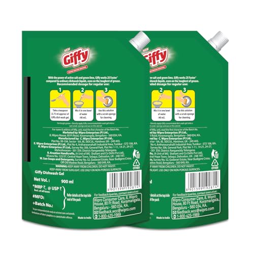 Giffy Liquid Dishwash Gel 900ml(Pack of 2) | Green Lime and Active Salt | 50% More Effective | Tough Grease Removal Expert | Turbo Boosters | Mild fragrance | Removes Tough Malodour | Hand-Safe - Image 3
