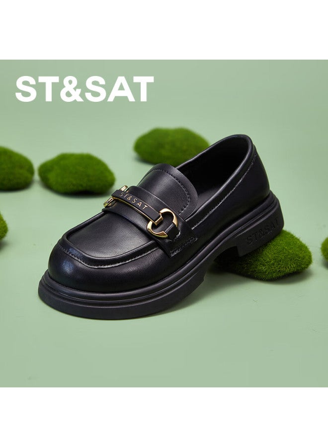 St&sat Women's Spring Soft Sole Flats Girls Black Leather Loafers Parent-child Slip-on Versatile Black Size 28 - Image 3