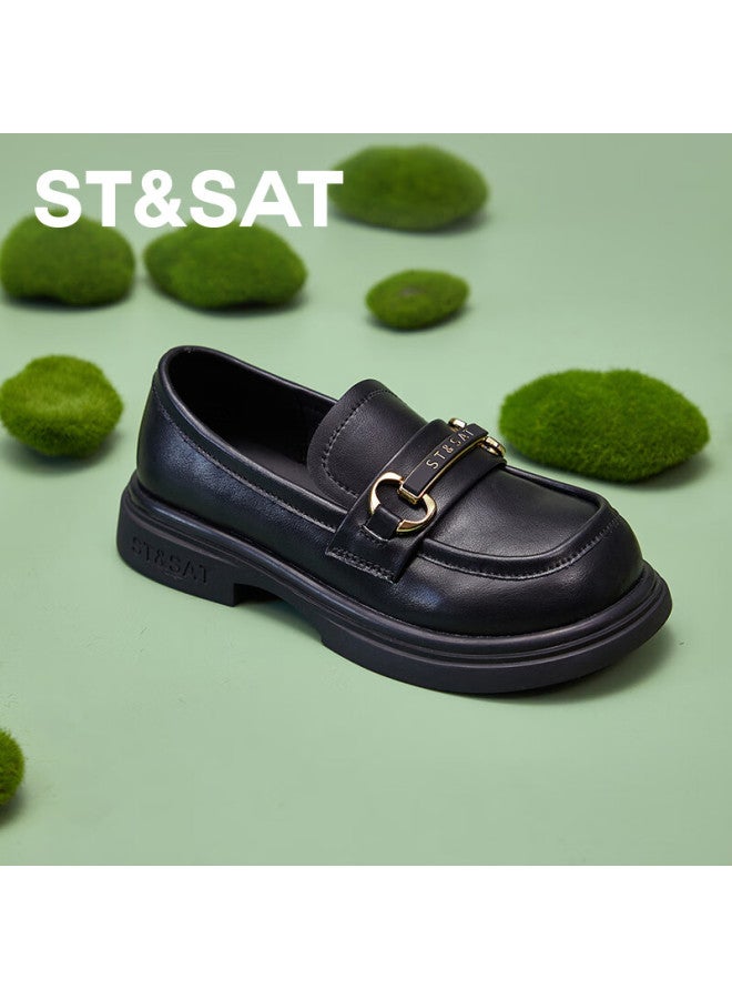 St&sat Women's Spring Soft Sole Flats Girls Black Leather Loafers Parent-child Slip-on Versatile Black Size 28 - Image 2
