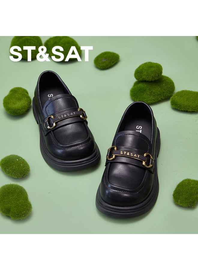 St&sat Women's Spring Soft Sole Flats Girls Black Leather Loafers Parent-child Slip-on Versatile Black Size 28 - Image 1