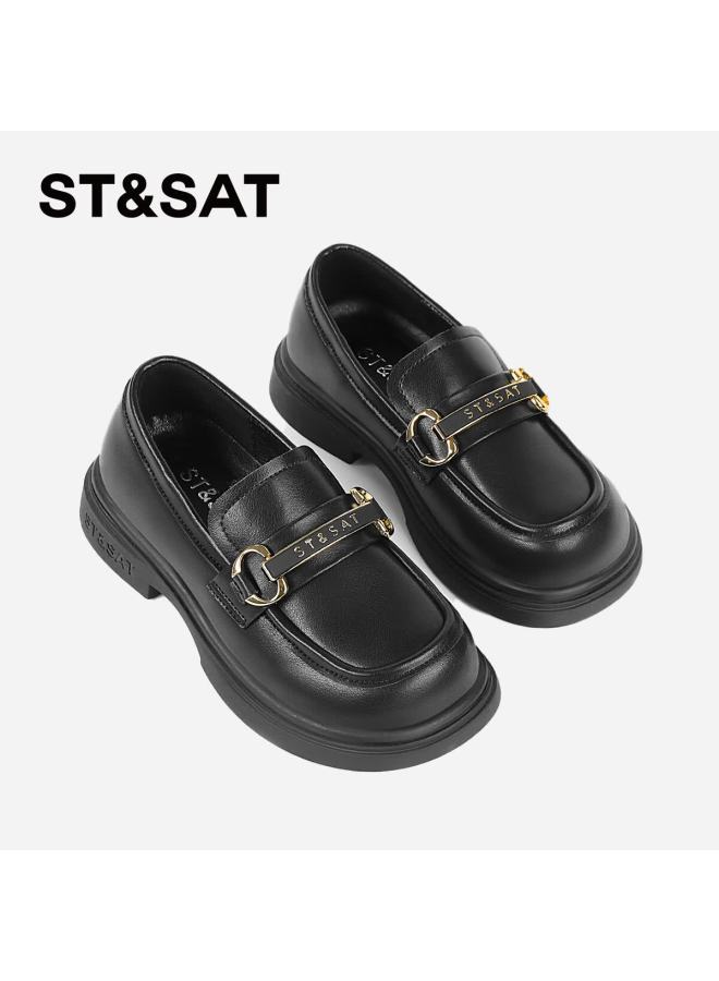 St&sat Women's Spring Soft Sole Flats Girls Black Leather Loafers Parent-child Slip-on Versatile Black Size 28 - Image 4
