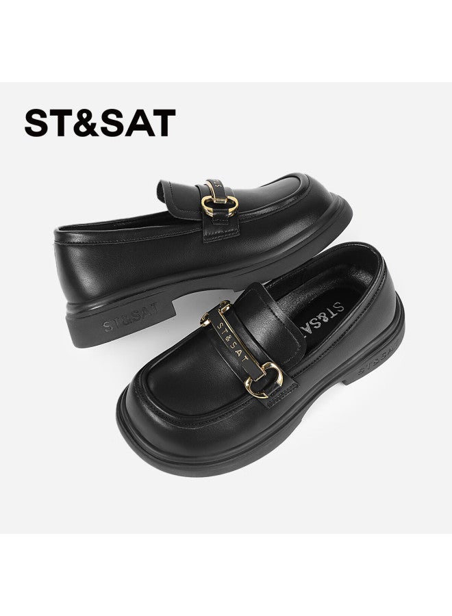 St&sat Women's Spring Soft Sole Flats Girls Black Leather Loafers Parent-child Slip-on Versatile Black Size 28 - Image 5