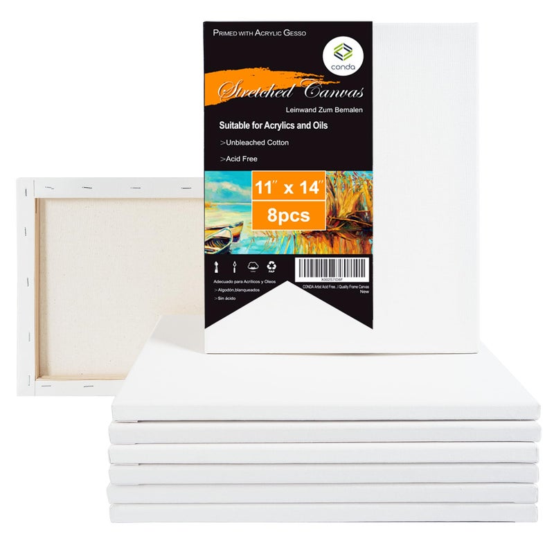 CONDA 11x14 inch Stretched Canvas for Painting Pack of 8 Primed 100 Cotton58 Inch Profile Value Bulk Pack for Acrylics Oils Painting