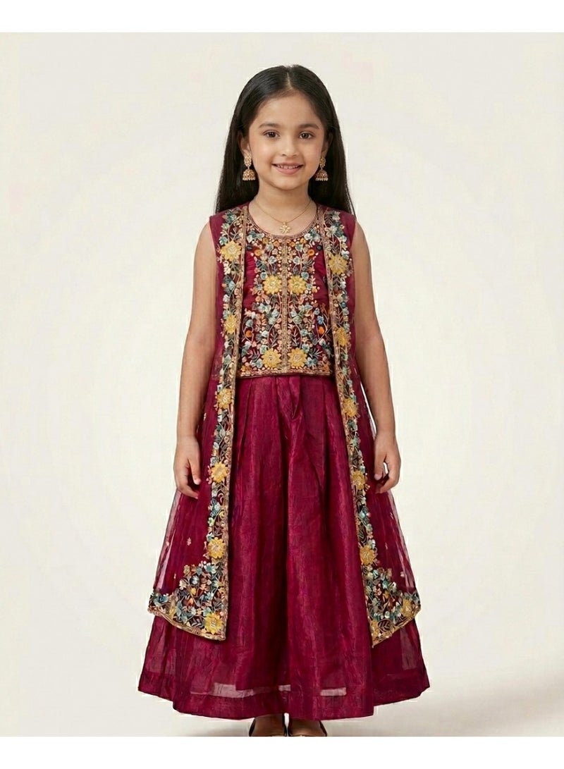Lucky Kids Wine Floral Embroidered 4-Piece Lehenga Set with Shrug & Shawl - Image 1