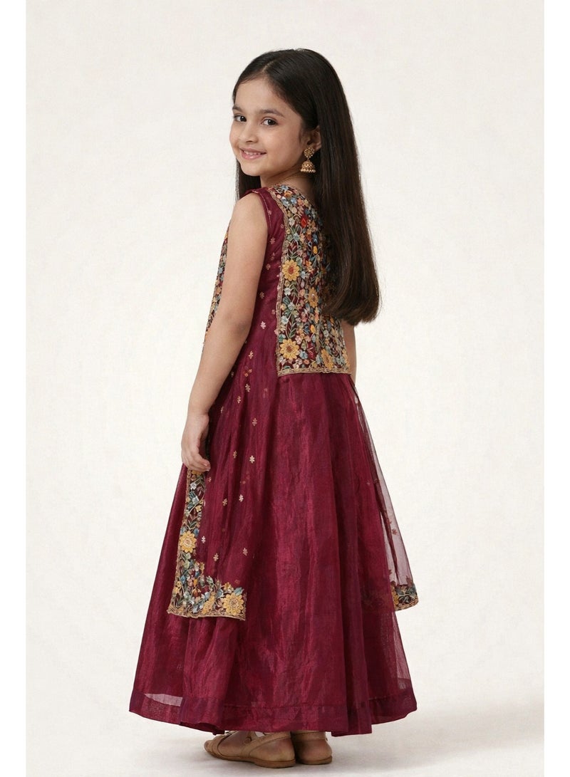 Lucky Kids Wine Floral Embroidered 4-Piece Lehenga Set with Shrug & Shawl - Image 2