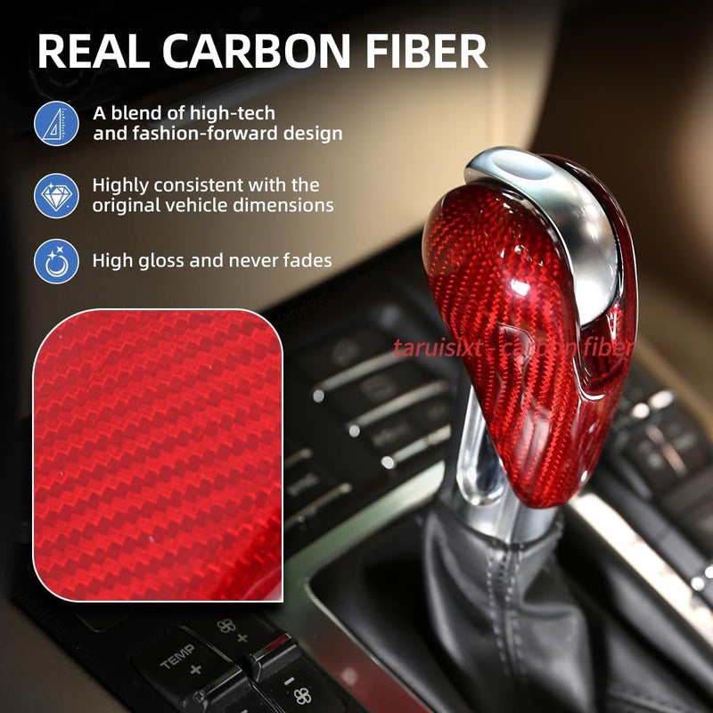 taruisixt Fit for Porsche Macan Panamera Cayman 911 718 Boxster 2009-2020 Real Carbon Fiber Interior Gear Shift Head Cover Knob Trim Car Interior Accessories (Carbon Fiber Red) - Image 4