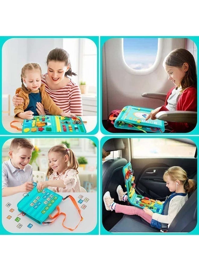 Child intellectual development, hands-on and mind engagement, sensory experiences, hand-eye coordination, and other skill cultivation. Used for parent-child interaction and interest development. Infant early education backpack, felt learning board, educational toys, children's felt learning board. Clock and number, alphabet, and word areas help children intuitively learn concepts of time and numbers, while activities like tying shoelaces, buttoning, and fastening belts help children develop fine motor skills. - Image 2