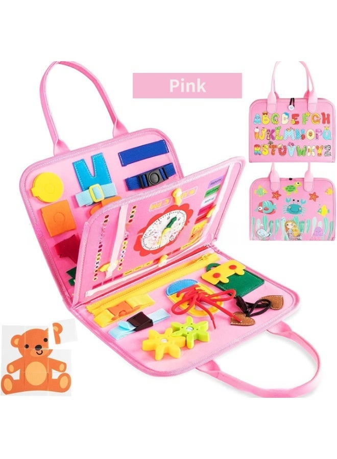 Child intellectual development, hands-on and mind engagement, sensory experiences, hand-eye coordination, and other skill cultivation. Used for parent-child interaction and interest development. Infant early education backpack, felt learning board, educational toys, children's felt learning board. Clock and number, alphabet, and word areas help children intuitively learn concepts of time and numbers, while activities like tying shoelaces, buttoning, and fastening belts help children develop fine motor skills. - Image 1