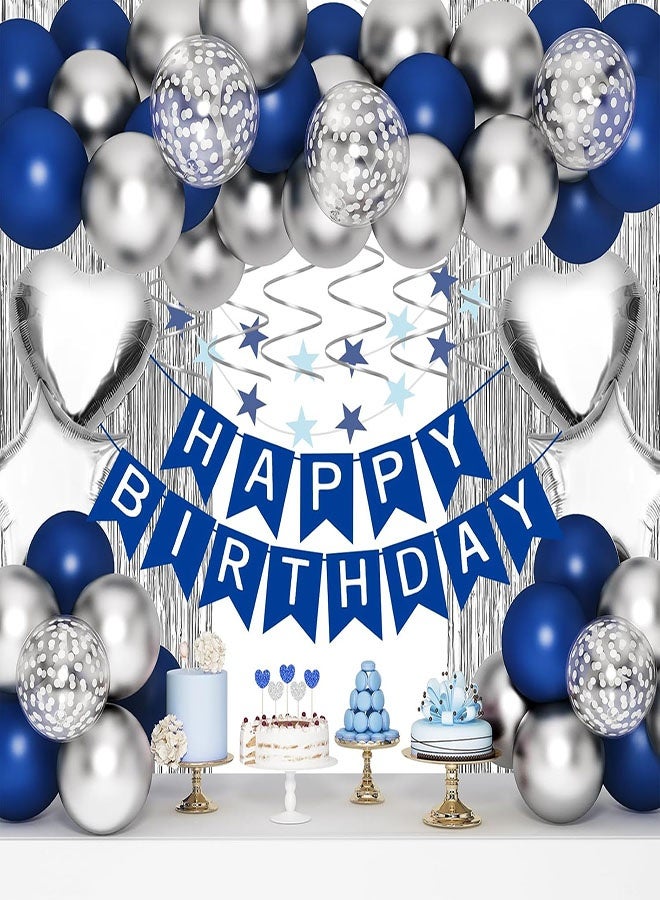 زينة حفلة عيد ميلاد زرقاء، مجموعة زينة عيد ميلاد باللون الأزرق الداكن والفضي للرجال والنساء، لافتة عيد ميلاد سعيد، ستارة فضية مهدبة، بالونات على شكل قلب ونجمة، وزخارف معلقة لحفلة عيد الميلاد - Image 1