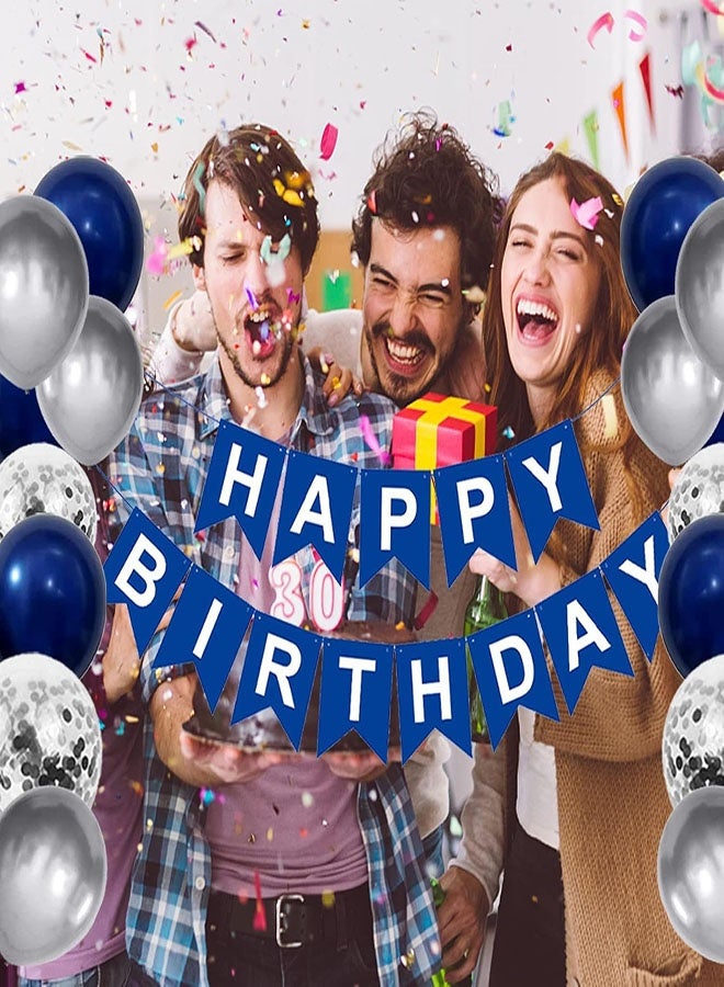 زينة حفلة عيد ميلاد زرقاء، مجموعة زينة عيد ميلاد باللون الأزرق الداكن والفضي للرجال والنساء، لافتة عيد ميلاد سعيد، ستارة فضية مهدبة، بالونات على شكل قلب ونجمة، وزخارف معلقة لحفلة عيد الميلاد - Image 3
