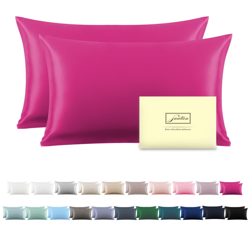 Suatien Silk Pillow Cases 2 Pack,Soft Breathable and Sliky Standard Size Pillow Cases Set of 2,Natural Mulberry Silk Pillowcase Set of 2 for Hair and Skin with Hidden Zipper (Hot Pink,20"X 26",2pcs) - Image 1