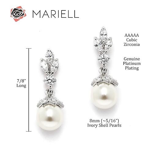 Mariell Petite Pearl Drop Wedding Earrings, 8MM Ivory Shell Pearls, Cubic Zirconia Crystal and Pearl Earrings for Brides, Bridesmaid, Prom and Mother of the Bride - Image 5