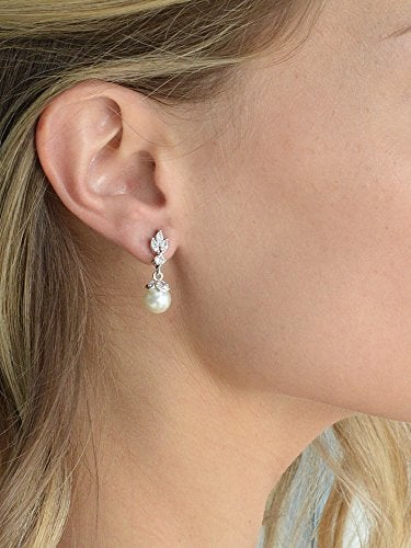 Mariell Petite Pearl Drop Wedding Earrings, 8MM Ivory Shell Pearls, Cubic Zirconia Crystal and Pearl Earrings for Brides, Bridesmaid, Prom and Mother of the Bride - Image 4