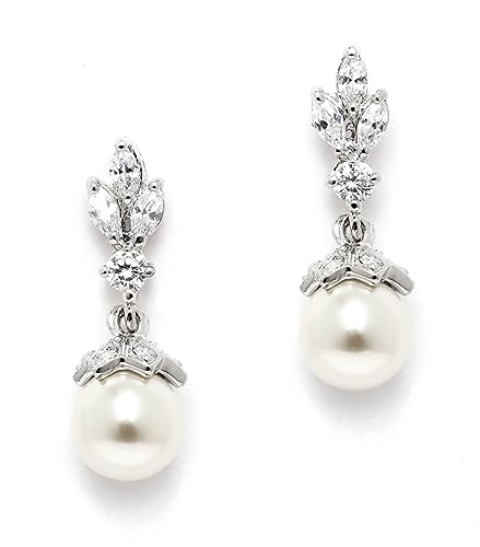 Mariell Petite Pearl Drop Wedding Earrings, 8MM Ivory Shell Pearls, Cubic Zirconia Crystal and Pearl Earrings for Brides, Bridesmaid, Prom and Mother of the Bride - Image 1