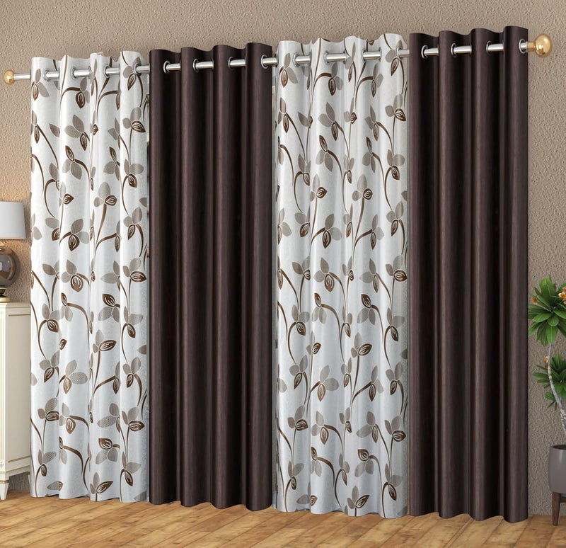 YUKANY Polyester LightFiltering Floral Printed Long Door Curtains for Living Room Bedroom Set of 4 4 x 9 Feet Coffee Washable Eyelets - Image 1