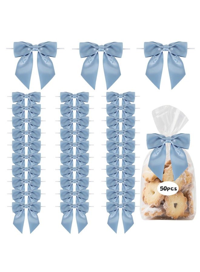TONIFUL 50pcs Dusty Blue Satin Ribbon Bows with Twist Tie, 4.5 Inch Decorative Bows for Gift Wrapping, Treat Bags, Crafts, Bottles, Christmas Tree, Wedding, Baby Shower, Birthday Party Decorations - Image 1