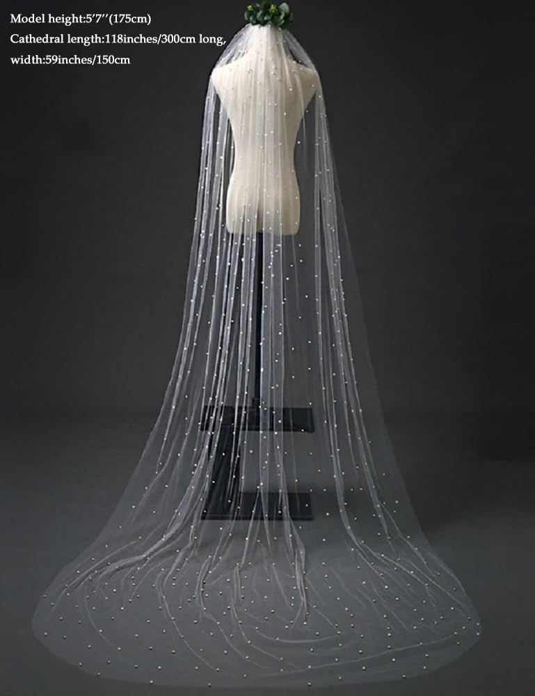 ELAWBTY 1 Tier Pearl Chapel Length Wedding Bridal Veil With Metal Comb White F55 - Image 3