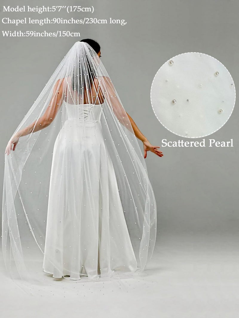 ELAWBTY 1 Tier Pearl Chapel Length Wedding Bridal Veil With Metal Comb White F55 - Image 4