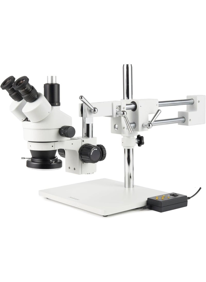 AmScope AmScope SM4TZ144A Professional Trinocular Stereo Zoom Microscope WH10x Eyepieces 35X90X Magnification 07X45X Zoom Objective FourZone LED Ring Light DoubleArm Boom Stand 110V240V Includes 05X and 20X Barlow Lens  - Image 1