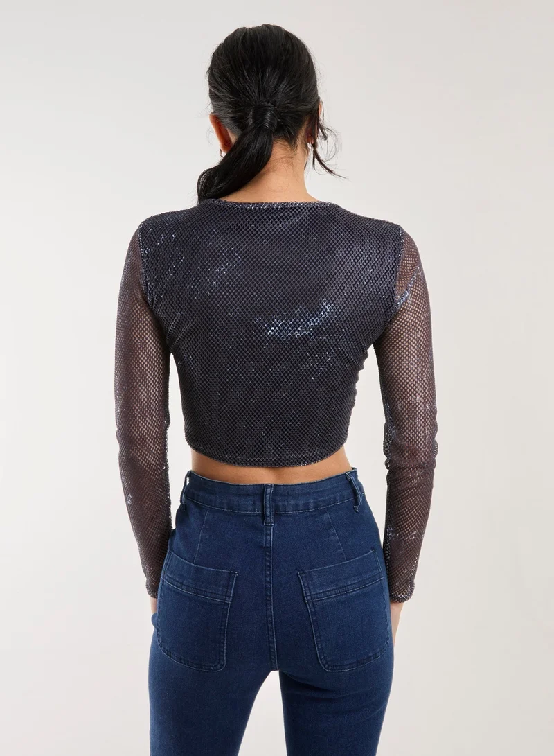 Pink Vanilla Mesh Athleisure Long Sleeve Net Top