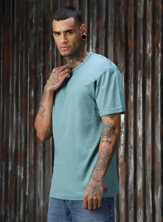 HIGH STAR Men's Blue 100% Cotton Solid Pattern Relaxed T-Shirt