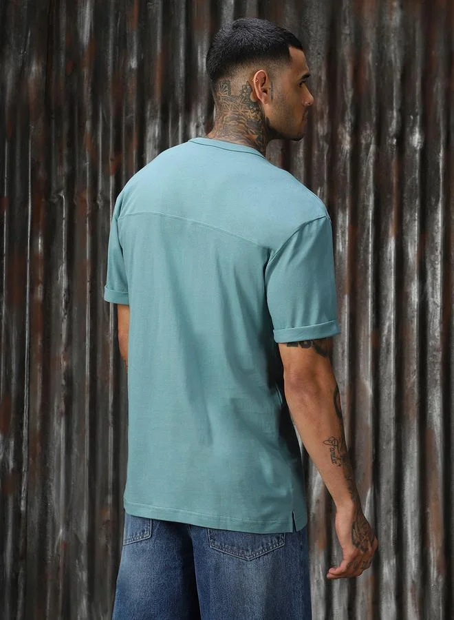 HIGH STAR Men's Blue 100% Cotton Solid Pattern Relaxed T-Shirt