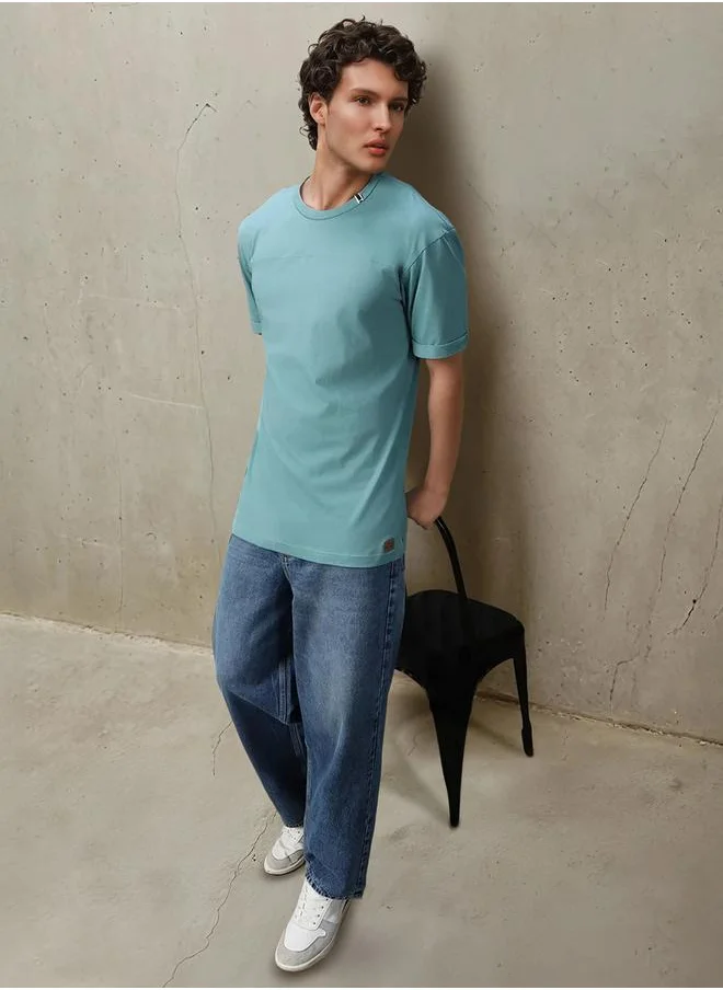 HIGH STAR Men's Blue 100% Cotton Solid Relaxed Fit T-Shirt