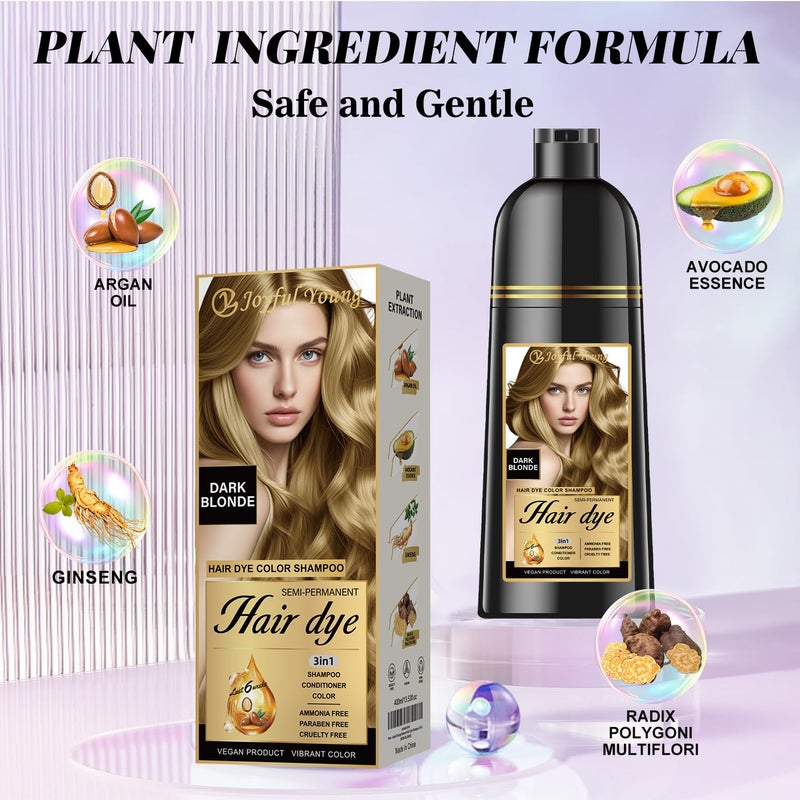 Joyful Young Hair Dye Shampoo 3-in-1, Dark Blonde Semi-Permanent Gray Hair Coverage, Color Depositing Shampoo for Women & Men, Vegan, Ammonia-Free - Image 2