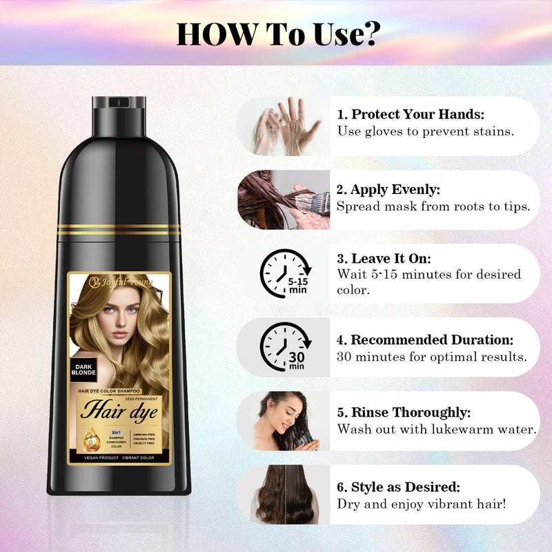 Joyful Young Hair Dye Shampoo 3-in-1, Dark Blonde Semi-Permanent Gray Hair Coverage, Color Depositing Shampoo for Women & Men, Vegan, Ammonia-Free - Image 4