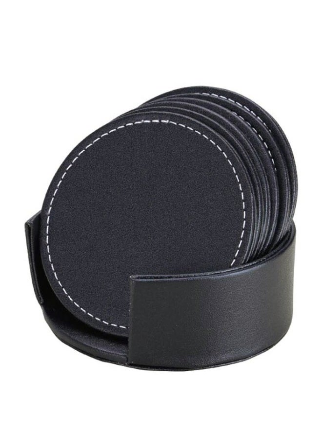 وهاواي 6 PCS Coasters for Drinks with 1 Holder, Premium PU Leather Coaster , 10cm Anti-Slip Heat Insulation Drink Coaster Protect Table from Stains and Damage, Heat Resistant , Non-Slip Cup Coasters,   Soft Coaster for Tabletope Protection (Black)  - Image 1