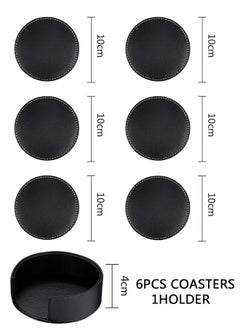 وهاواي 6 PCS Coasters for Drinks with 1 Holder, Premium PU Leather Coaster , 10cm Anti-Slip Heat Insulation Drink Coaster Protect Table from Stains and Damage, Heat Resistant , Non-Slip Cup Coasters,   Soft Coaster for Tabletope Protection (Black)  - Image 2