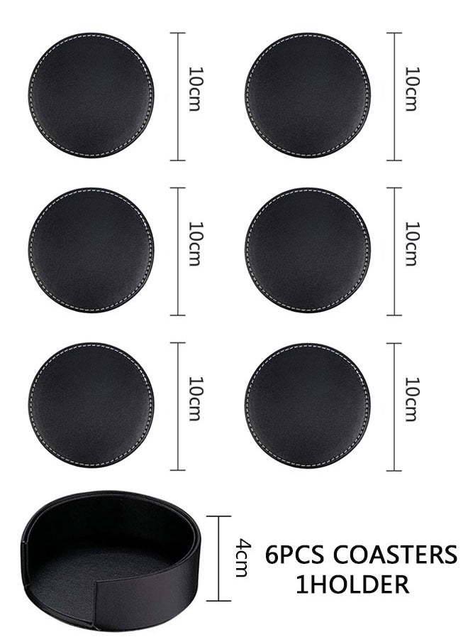 وهاواي 6 PCS Coasters for Drinks with 1 Holder, Premium PU Leather Coaster , 10cm Anti-Slip Heat Insulation Drink Coaster Protect Table from Stains and Damage, Heat Resistant , Non-Slip Cup Coasters,   Soft Coaster for Tabletope Protection (Black)  - Image 2