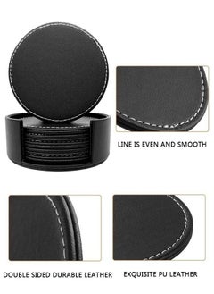 وهاواي 6 PCS Coasters for Drinks with 1 Holder, Premium PU Leather Coaster , 10cm Anti-Slip Heat Insulation Drink Coaster Protect Table from Stains and Damage, Heat Resistant , Non-Slip Cup Coasters,   Soft Coaster for Tabletope Protection (Black)  - Image 4