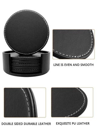 6 PCS Coasters for Drinks with 1 Holder, Premium PU Leather Coaster , 10cm Anti-Slip Heat Insulation Drink Coaster Protect Table from Stains and Damage, Heat Resistant , Non-Slip Cup Coasters,   Soft Coaster for Tabletope Protection (Black) - view 4