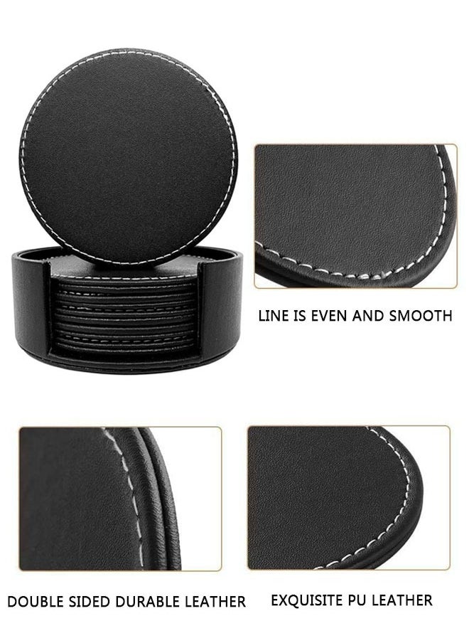 وهاواي 6 PCS Coasters for Drinks with 1 Holder, Premium PU Leather Coaster , 10cm Anti-Slip Heat Insulation Drink Coaster Protect Table from Stains and Damage, Heat Resistant , Non-Slip Cup Coasters,   Soft Coaster for Tabletope Protection (Black)  - Image 4