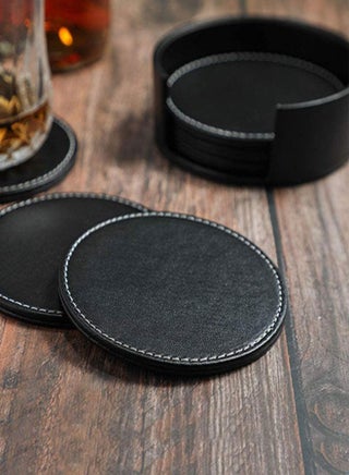 6 PCS Coasters for Drinks with 1 Holder, Premium PU Leather Coaster , 10cm Anti-Slip Heat Insulation Drink Coaster Protect Table from Stains and Damage, Heat Resistant , Non-Slip Cup Coasters,   Soft Coaster for Tabletope Protection (Black) - view 5