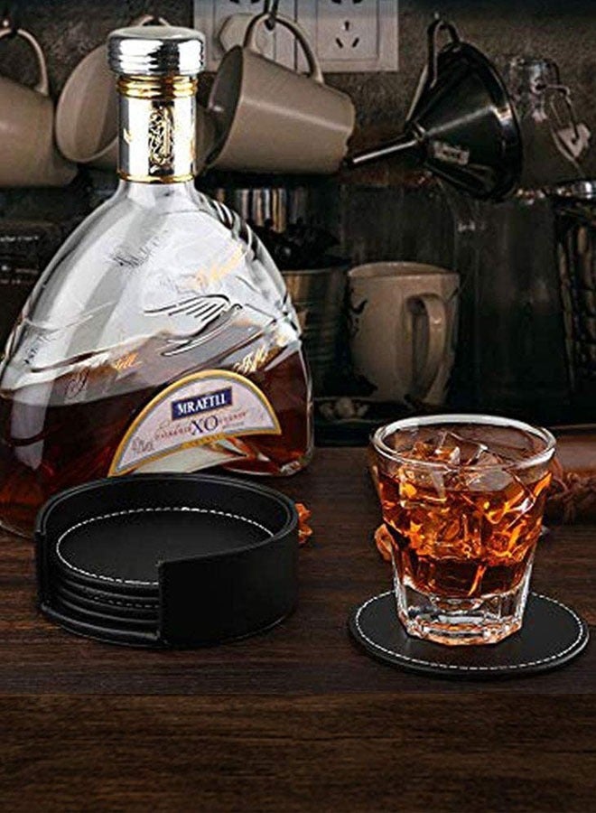 6 PCS Coasters for Drinks with 1 Holder, Premium PU Leather Coaster , 10cm Anti-Slip Heat Insulation Drink Coaster Protect Table from Stains and Damage, Heat Resistant , Non-Slip Cup Coasters,   Soft Coaster for Tabletope Protection (Black)