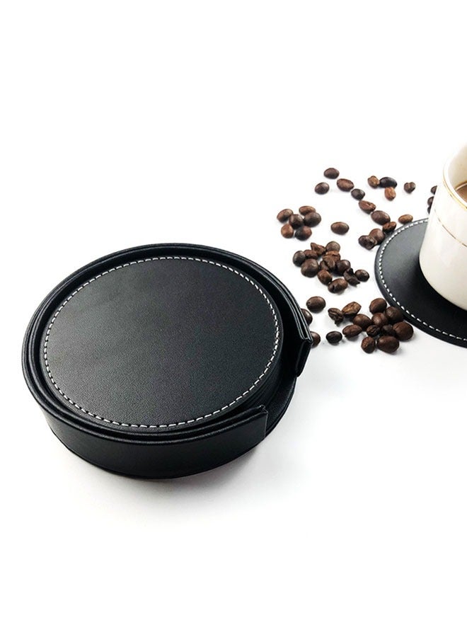 6 PCS Coasters for Drinks with 1 Holder, Premium PU Leather Coaster , 10cm Anti-Slip Heat Insulation Drink Coaster Protect Table from Stains and Damage, Heat Resistant , Non-Slip Cup Coasters,   Soft Coaster for Tabletope Protection (Black)