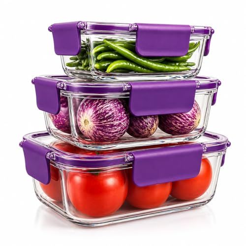 CHITRAKOOT Airtight Food Storage Container Set – 3 Pcs (300ml, 800ml, 1200ml) – BPA-Free, Leak-Proof, Freezer Safe Plastic Jars with Lids – Kitchen & Pantry Organizer – Purple set - Image 1