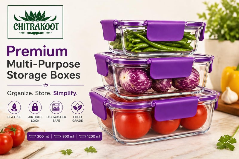 CHITRAKOOT Airtight Food Storage Container Set – 3 Pcs (300ml, 800ml, 1200ml) – BPA-Free, Leak-Proof, Freezer Safe Plastic Jars with Lids – Kitchen & Pantry Organizer – Purple set - Image 2