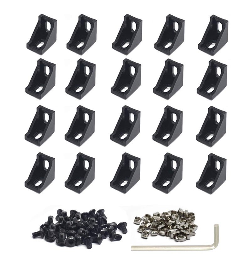 Iverntech 20pcs Black Aluminum Corner Bracket Connector Inside Joint Plate Fastener with 40pcs M5 T Nuts+40 pcs M5 Screw+1pcs Wrench for Standard 6mm Slot 2020 Series Aluminum Extrusion Profile - Image 1