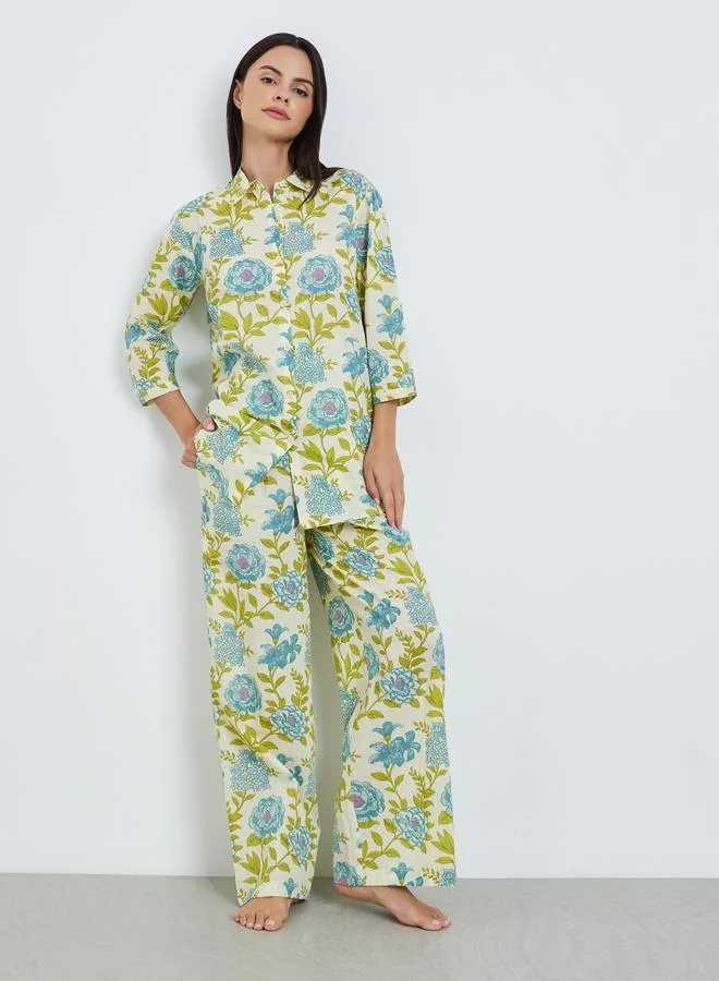 ستايلي طقم بيجاما من قميص قطن وبنطال واسع بطبعة زهور