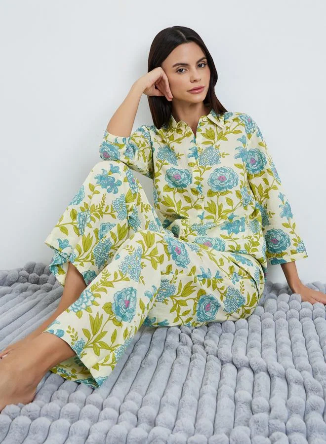 ستايلي طقم بيجاما من قميص قطن وبنطال واسع بطبعة زهور